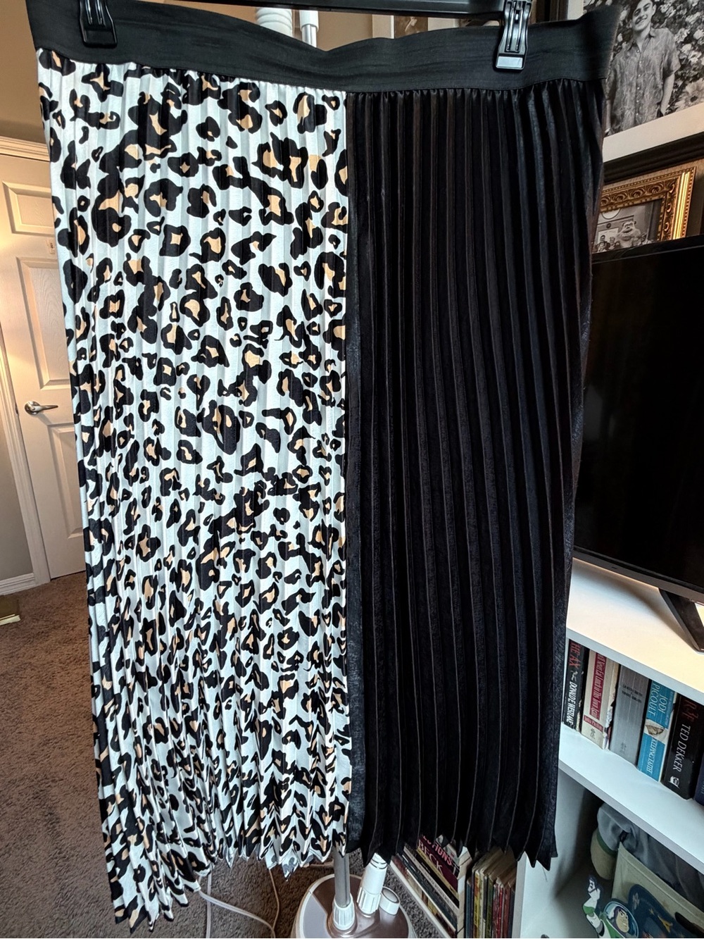 Black & Leopard Two-Tone Pleated Midi Skirt